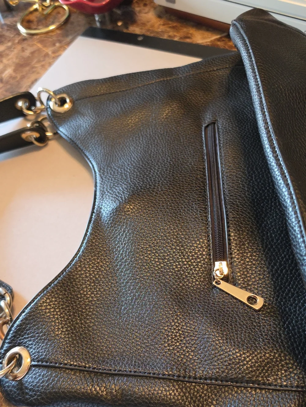 Michael Kors Black Pebbled Leather Shoulder Hobo with Gold Hardware